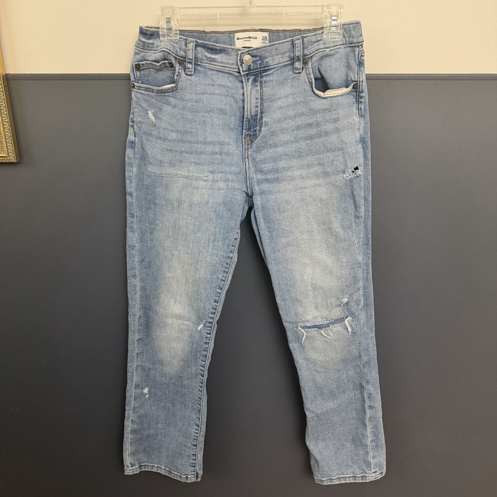 Abercrombie Kids Straight Jeans Blue Denim 17/18 Adj Waist Distressed Pants